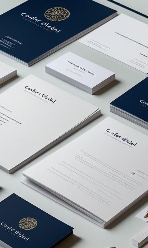 Create an artwork to add in the portfolio which shows conference brochures, stationeries, for Confer Global brand.